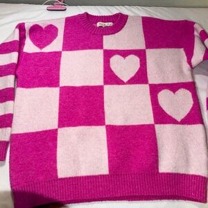 Vine & Love Pink and Cream Heart Checkered Sweater